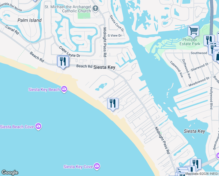 map of restaurants, bars, coffee shops, grocery stores, and more near 5830 Midnight Pass Road in Siesta Key