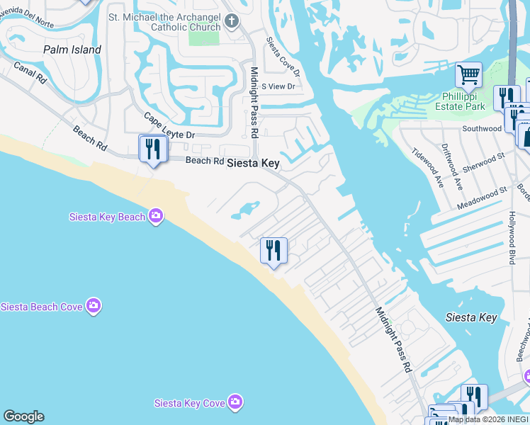 map of restaurants, bars, coffee shops, grocery stores, and more near 5830 Midnight Pass Road in Siesta Key