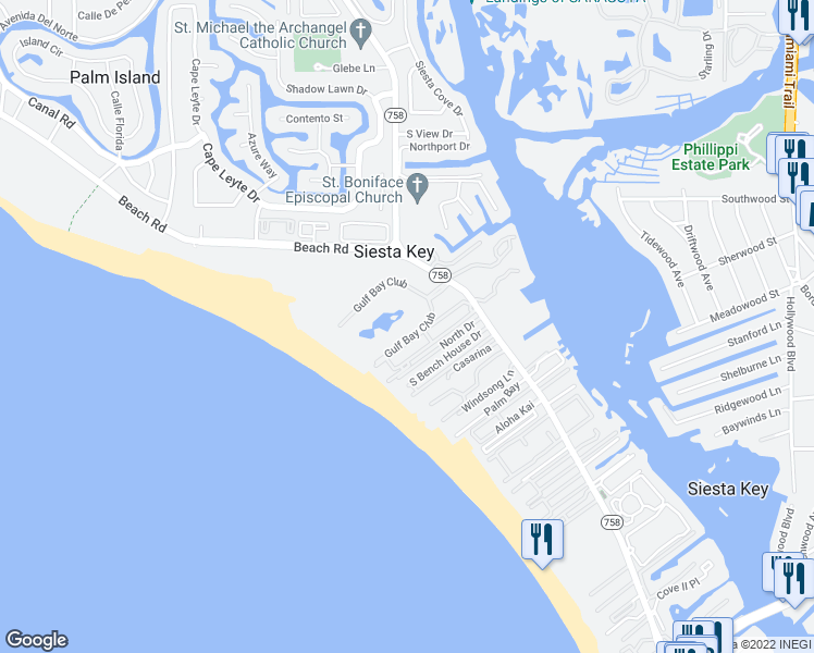 map of restaurants, bars, coffee shops, grocery stores, and more near 5780 Midnight Pass Road in Siesta Key