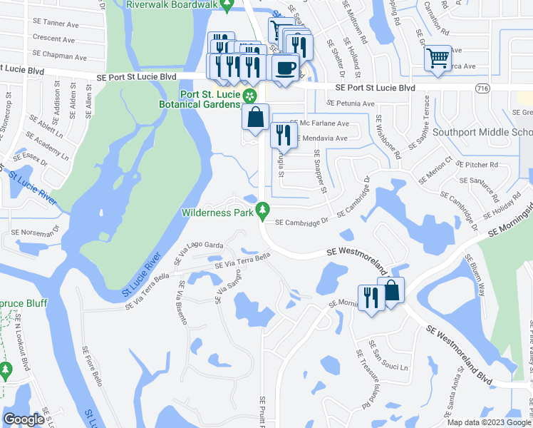 map of restaurants, bars, coffee shops, grocery stores, and more near 2611 Southeast Westmoreland Boulevard in Port St. Lucie