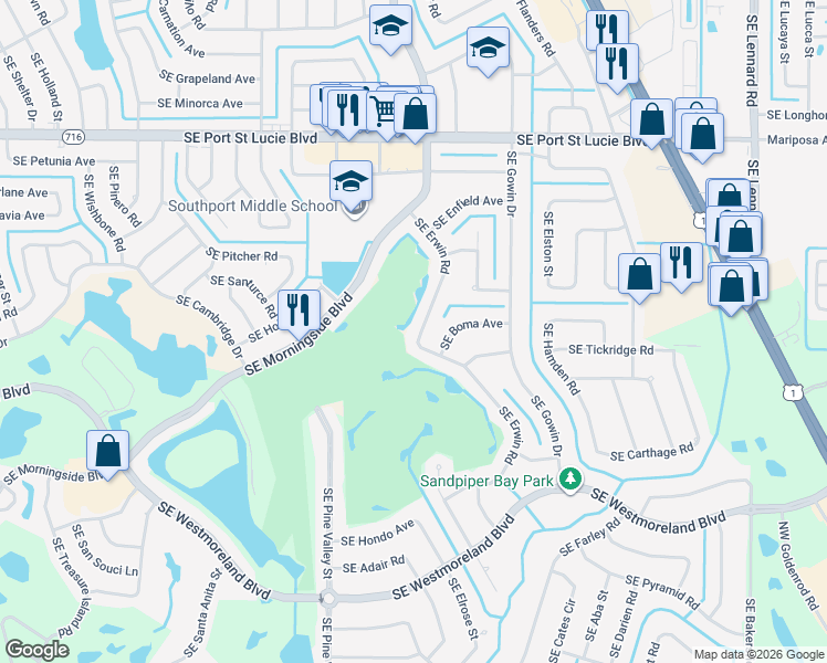map of restaurants, bars, coffee shops, grocery stores, and more near 2061 Southeast Erwin Road in Port St. Lucie