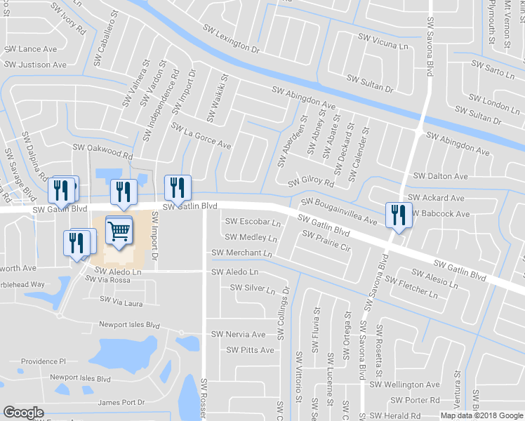 map of restaurants, bars, coffee shops, grocery stores, and more near 1562 Southwest Gatlin Boulevard in Port Saint Lucie