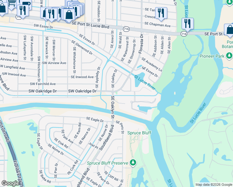 map of restaurants, bars, coffee shops, grocery stores, and more near 2585 Southeast Floresta Drive in Port St. Lucie