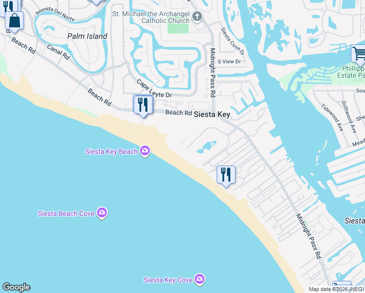 map of restaurants, bars, coffee shops, grocery stores, and more near 5740 Midnight Pass Road in Siesta Key