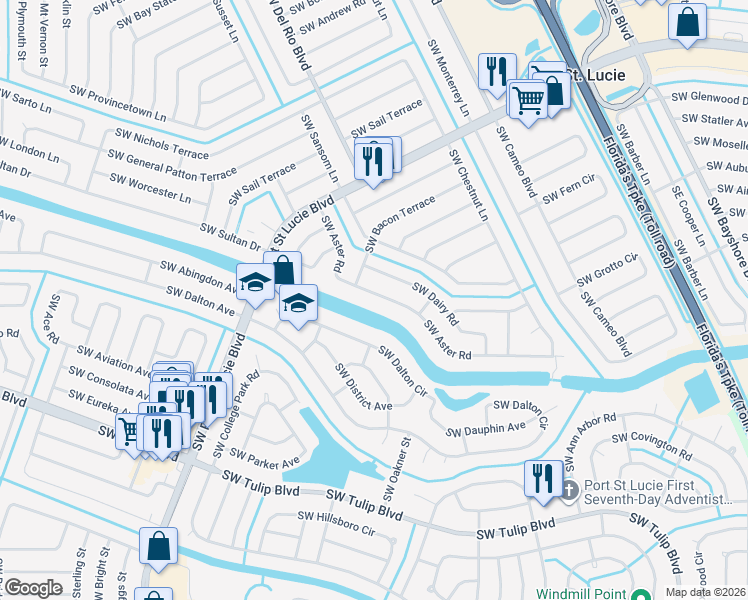 map of restaurants, bars, coffee shops, grocery stores, and more near 632 Southwest Aster Road in Port St. Lucie