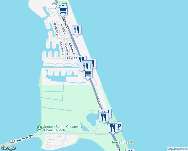 map of restaurants, bars, coffee shops, grocery stores, and more near 10980 South Ocean Drive in Jensen Beach