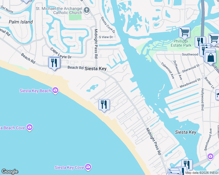 map of restaurants, bars, coffee shops, grocery stores, and more near 5830 Midnight Pass Road in Siesta Key