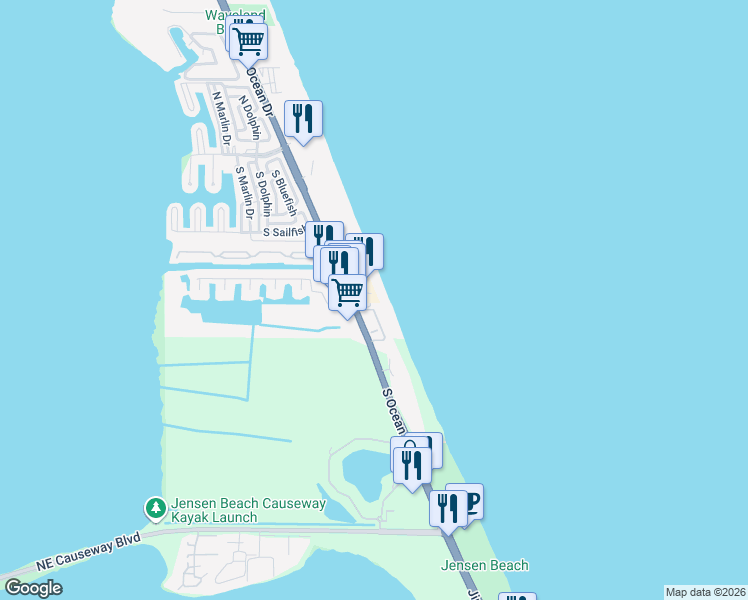 map of restaurants, bars, coffee shops, grocery stores, and more near 10980 South Ocean Drive in Jensen Beach