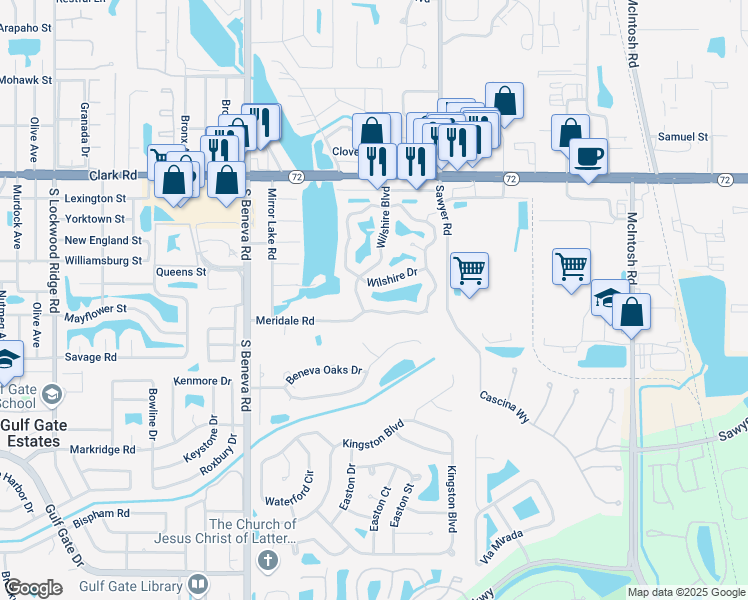 map of restaurants, bars, coffee shops, grocery stores, and more near 6133 Wilshire Circle in Sarasota