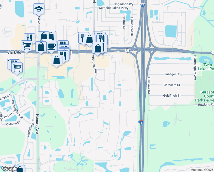 map of restaurants, bars, coffee shops, grocery stores, and more near 5713 Tam O Shanter Court in Sarasota