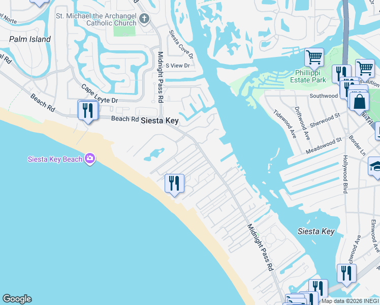 map of restaurants, bars, coffee shops, grocery stores, and more near 5860 Midnight Pass Road in Siesta Key