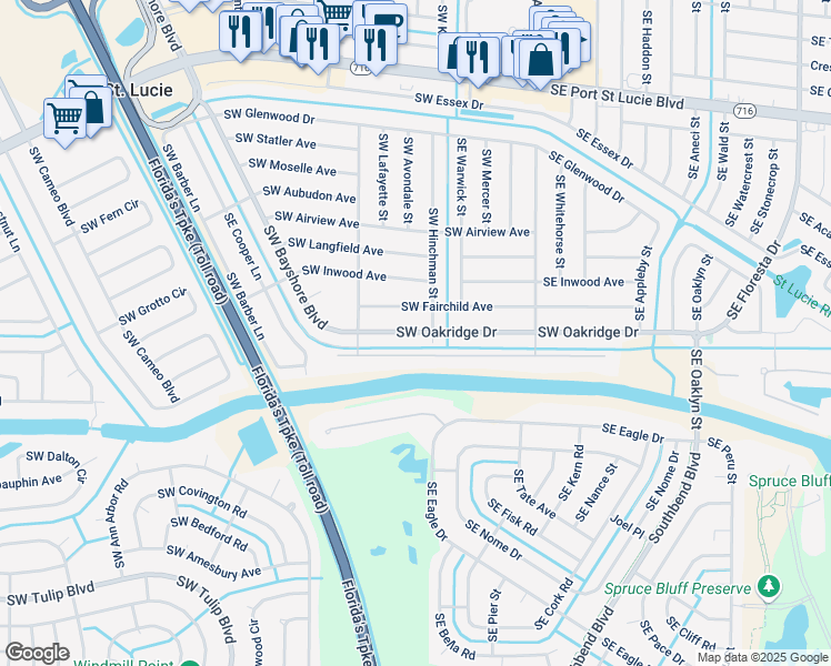 map of restaurants, bars, coffee shops, grocery stores, and more near 2612 Southwest River Shore Drive in Port St. Lucie