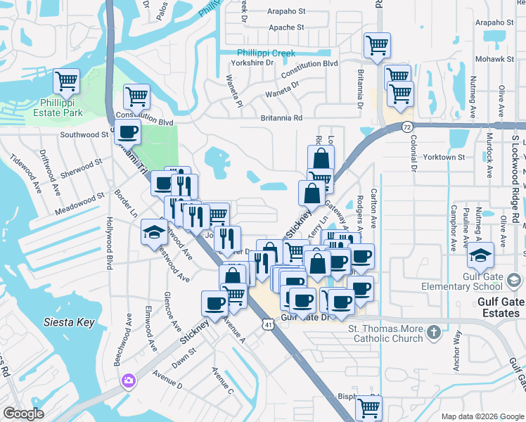 map of restaurants, bars, coffee shops, grocery stores, and more near 271 Southwinds Drive in Sarasota