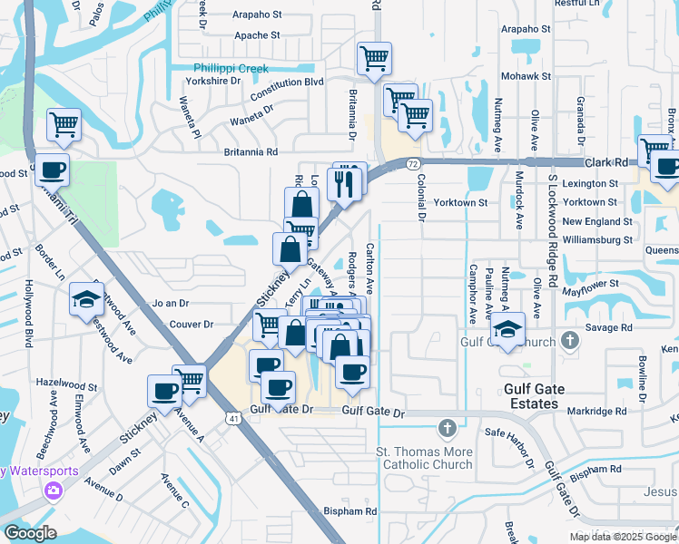 map of restaurants, bars, coffee shops, grocery stores, and more near 632-4 Gateway Avenue in Sarasota