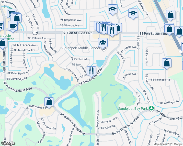 map of restaurants, bars, coffee shops, grocery stores, and more near 1649 Southeast Holiday Road in Port St. Lucie
