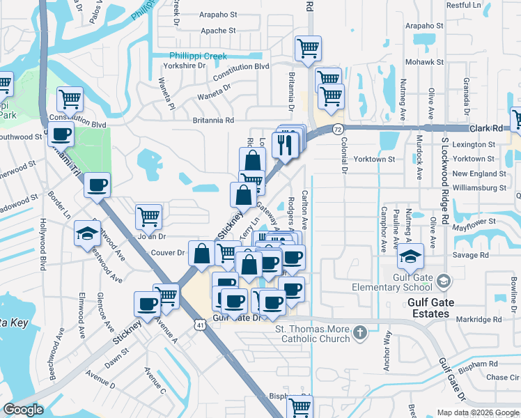 map of restaurants, bars, coffee shops, grocery stores, and more near 2477 Stickney Point Road in Sarasota