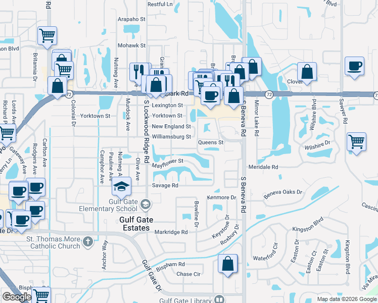 map of restaurants, bars, coffee shops, grocery stores, and more near 3313 Rowena Street in Sarasota
