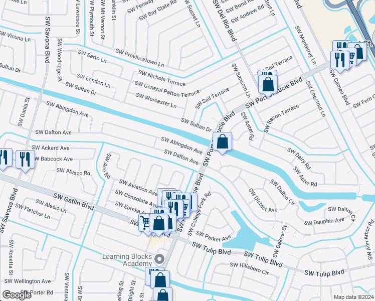 map of restaurants, bars, coffee shops, grocery stores, and more near 873 Southwest Abingdon Avenue in Port St. Lucie