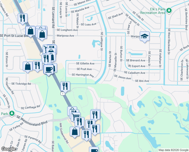 map of restaurants, bars, coffee shops, grocery stores, and more near 2582 Southeast Leithgow Street in Port St. Lucie