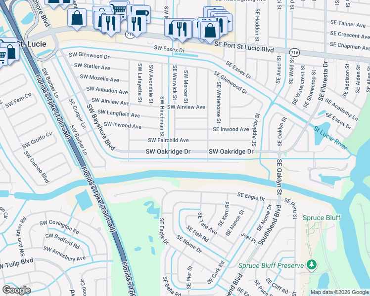 map of restaurants, bars, coffee shops, grocery stores, and more near 150 Southwest Fairchild Avenue in Port St. Lucie