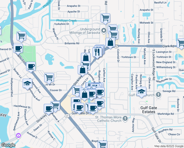 map of restaurants, bars, coffee shops, grocery stores, and more near 2529 Terry Lane in Sarasota