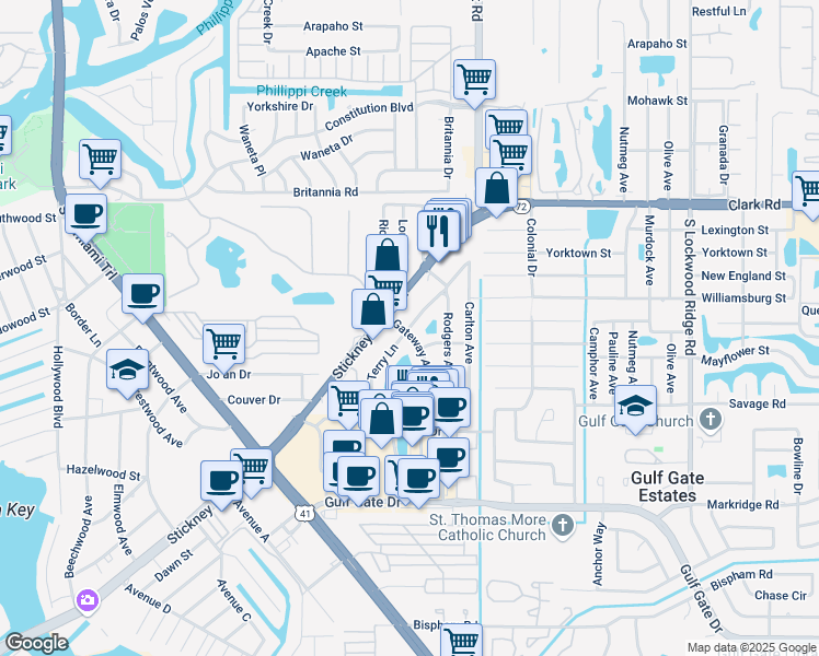 map of restaurants, bars, coffee shops, grocery stores, and more near 2529 Terry Lane in Sarasota