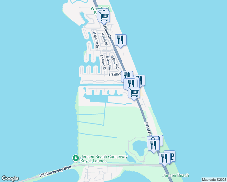 map of restaurants, bars, coffee shops, grocery stores, and more near 44 Aqua Ra Drive in Jensen Beach
