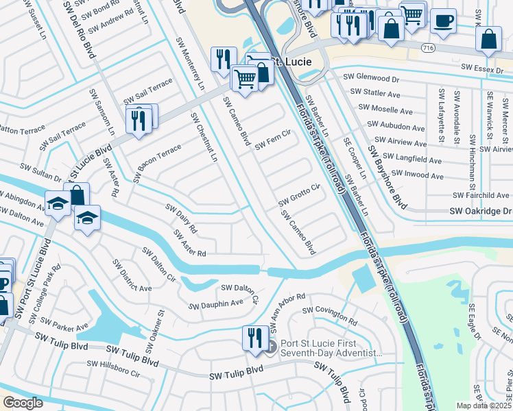 map of restaurants, bars, coffee shops, grocery stores, and more near 2561 Southwest Monterrey Lane in Port St. Lucie