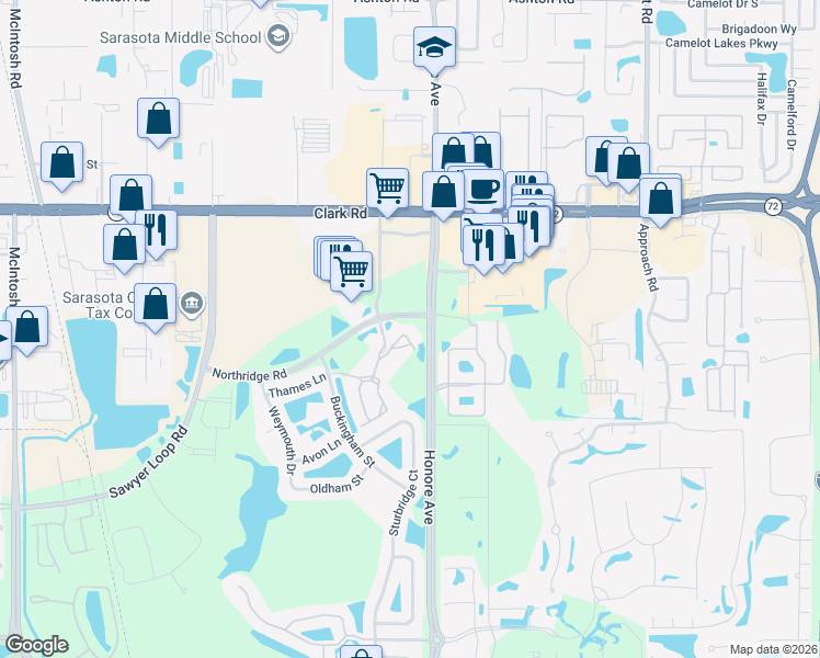 map of restaurants, bars, coffee shops, grocery stores, and more near 5122 Northridge Road in Sarasota