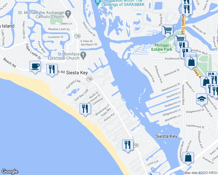 map of restaurants, bars, coffee shops, grocery stores, and more near 5855 Midnight Pass Road in Siesta Key