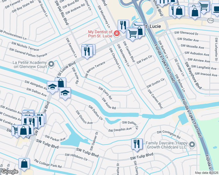 map of restaurants, bars, coffee shops, grocery stores, and more near 532 Southwest Sansom Lane in Port St. Lucie