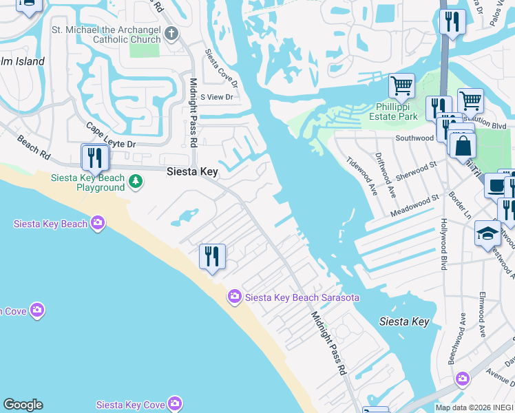 map of restaurants, bars, coffee shops, grocery stores, and more near 5855 Midnight Pass Road in Siesta Key