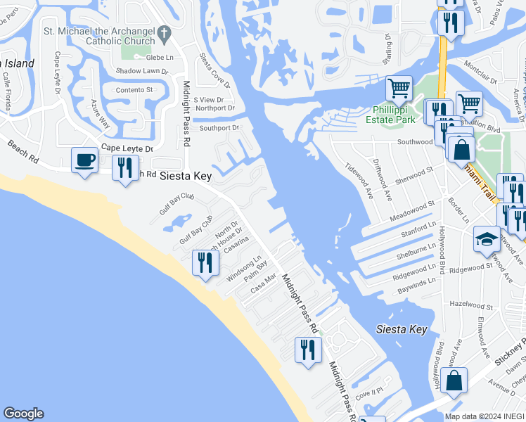 map of restaurants, bars, coffee shops, grocery stores, and more near 5855 Midnight Pass Road in Siesta Key