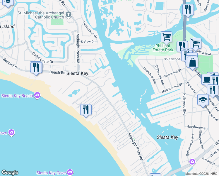 map of restaurants, bars, coffee shops, grocery stores, and more near 5855 Midnight Pass Road in Siesta Key