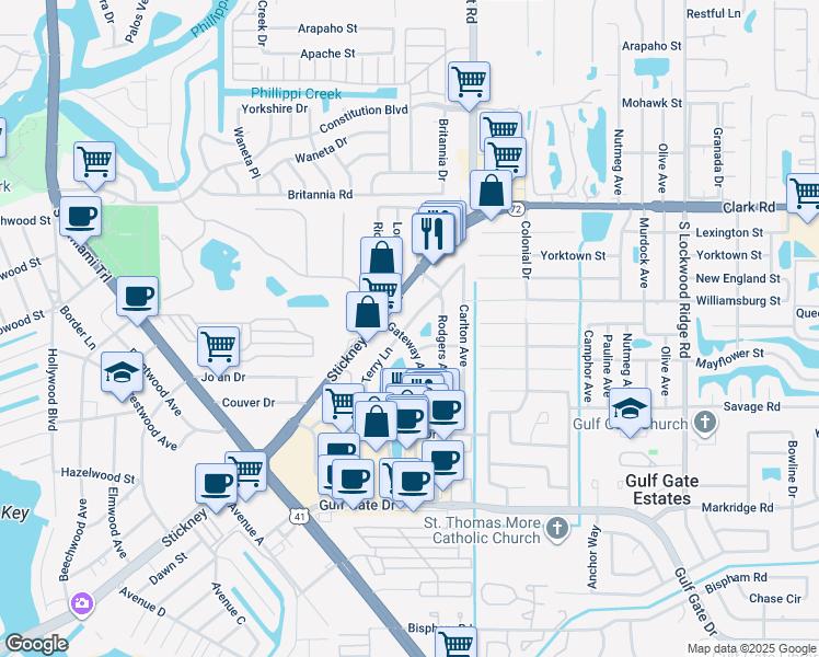 map of restaurants, bars, coffee shops, grocery stores, and more near 2529 Terry Lane in Sarasota