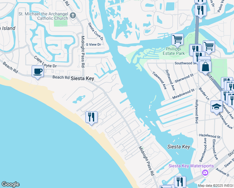 map of restaurants, bars, coffee shops, grocery stores, and more near 5855 Midnight Pass Road in Siesta Key