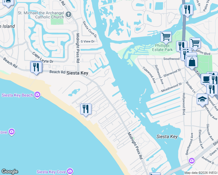 map of restaurants, bars, coffee shops, grocery stores, and more near 5855 Midnight Pass Road in Siesta Key