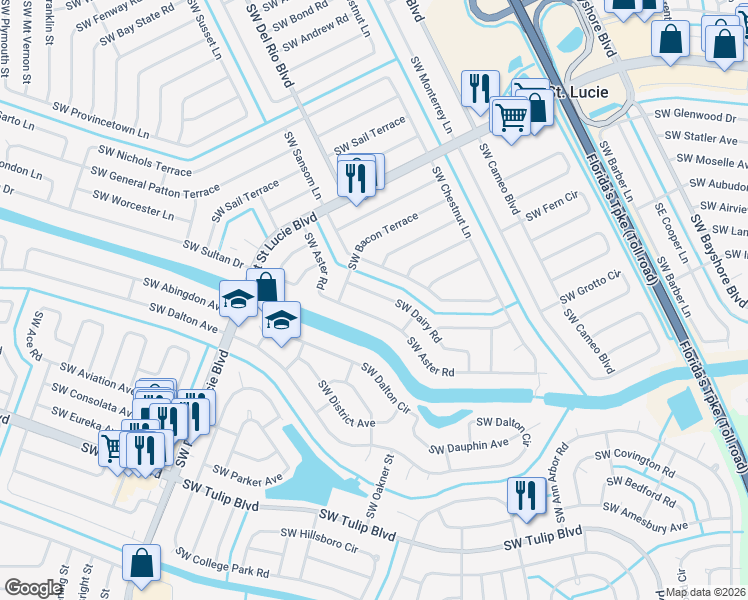map of restaurants, bars, coffee shops, grocery stores, and more near 597 Southwest Dairy Road in Port St. Lucie