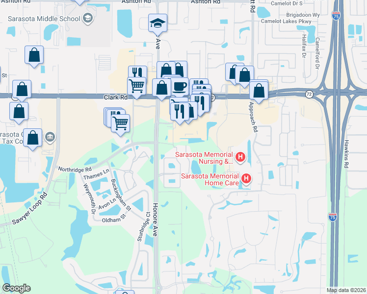 map of restaurants, bars, coffee shops, grocery stores, and more near 5512 Mang Place in Sarasota
