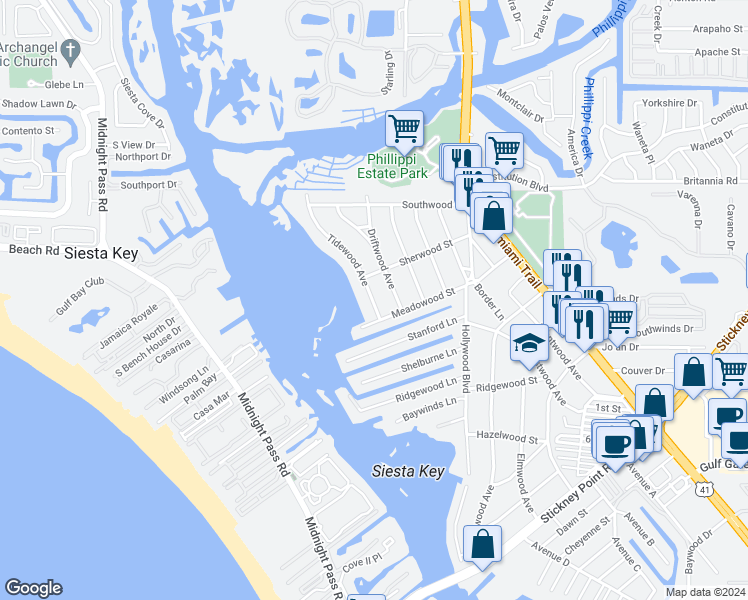 map of restaurants, bars, coffee shops, grocery stores, and more near 5915 Tidewood Avenue in Sarasota