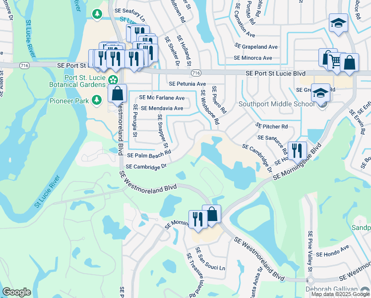map of restaurants, bars, coffee shops, grocery stores, and more near 1257 Southeast Cambridge Drive in Port St. Lucie