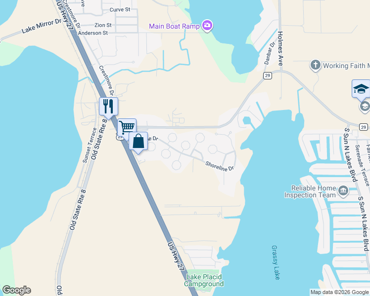 map of restaurants, bars, coffee shops, grocery stores, and more near 11 Oak Ridge Circle in Lake Placid