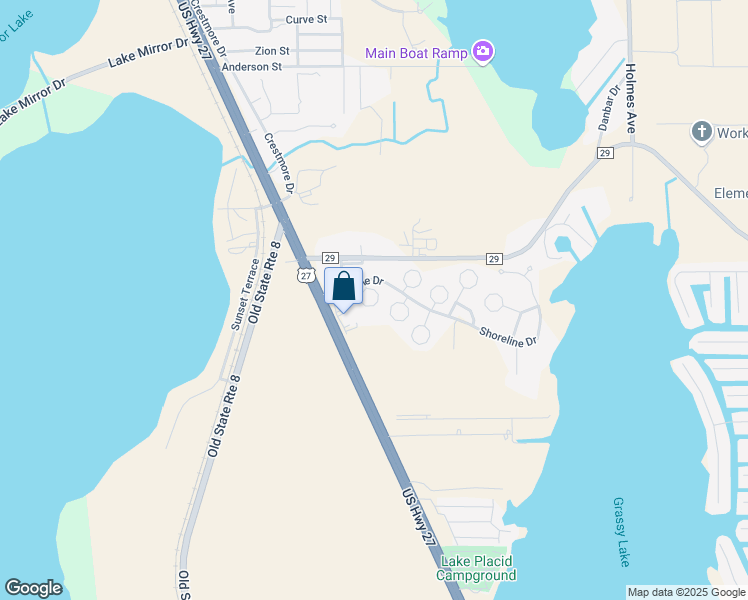 map of restaurants, bars, coffee shops, grocery stores, and more near 55 Grassy Lake Cir in Lake Placid