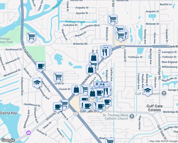 map of restaurants, bars, coffee shops, grocery stores, and more near 2477 Stickney Point Road in Sarasota