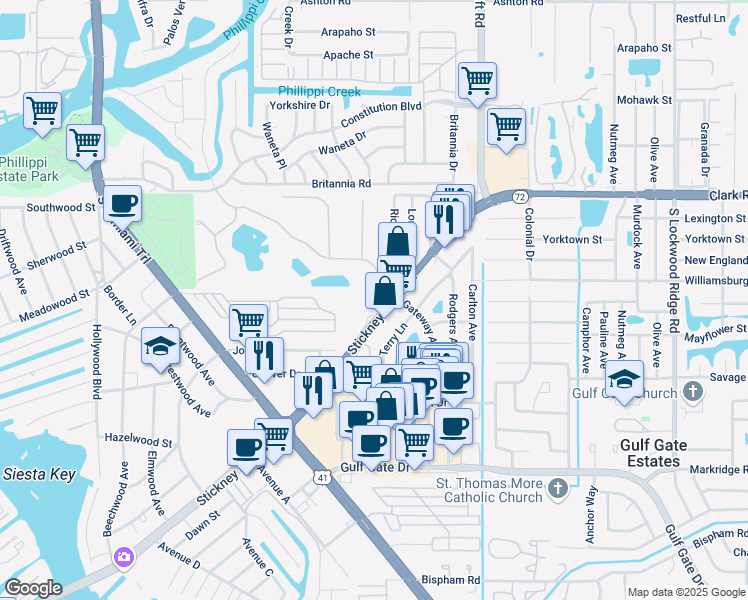 map of restaurants, bars, coffee shops, grocery stores, and more near 2477 Stickney Point Road in Sarasota