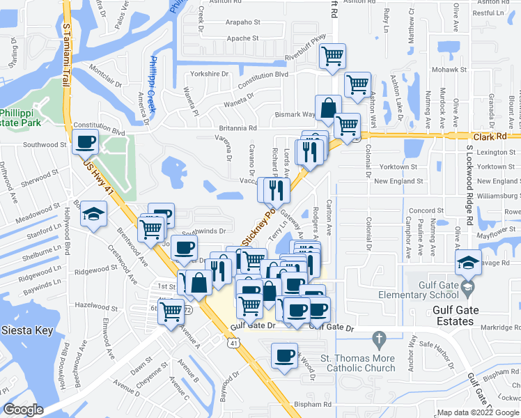 map of restaurants, bars, coffee shops, grocery stores, and more near 2477 Stickney Point Road in Sarasota