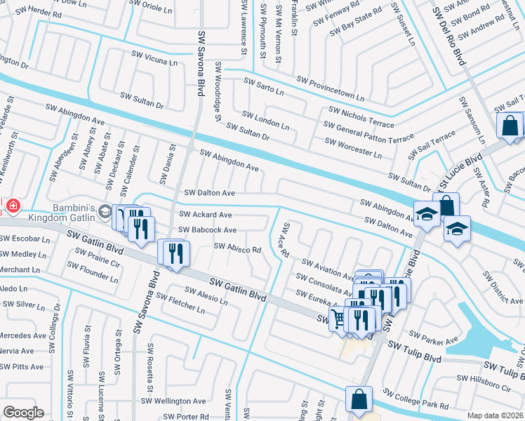 map of restaurants, bars, coffee shops, grocery stores, and more near 1105 Southwest Ackard Avenue in Port St. Lucie