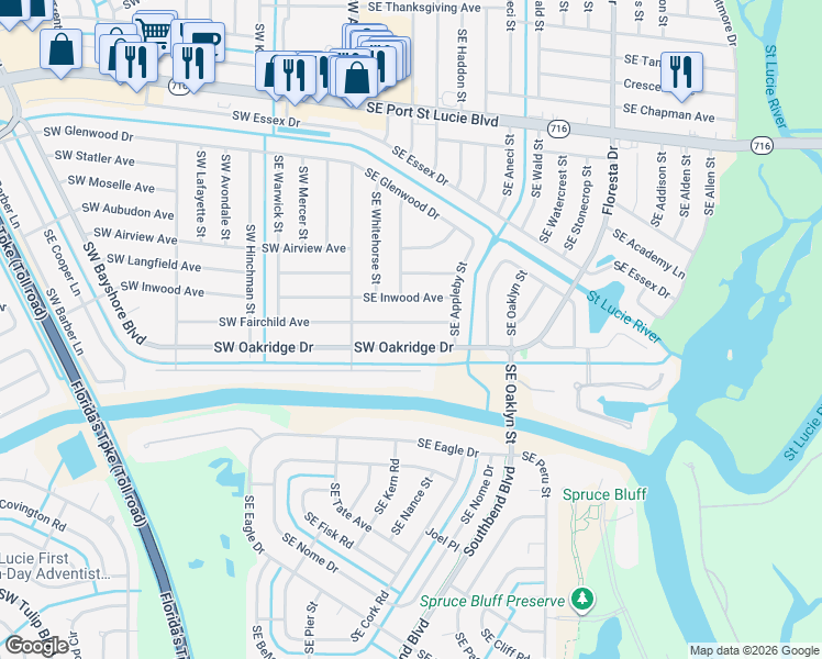 map of restaurants, bars, coffee shops, grocery stores, and more near 428 Southeast Fairchild Avenue in Port Saint Lucie