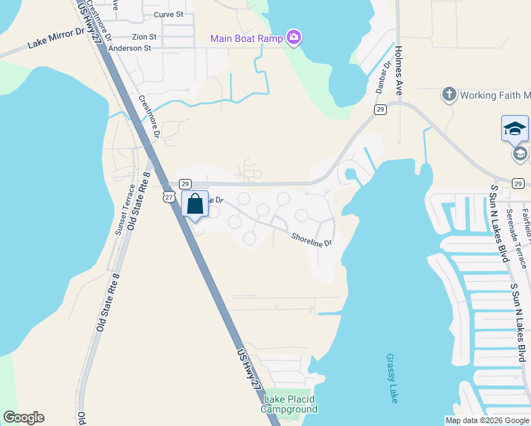 map of restaurants, bars, coffee shops, grocery stores, and more near 11 Oak Ridge Circle in Lake Placid