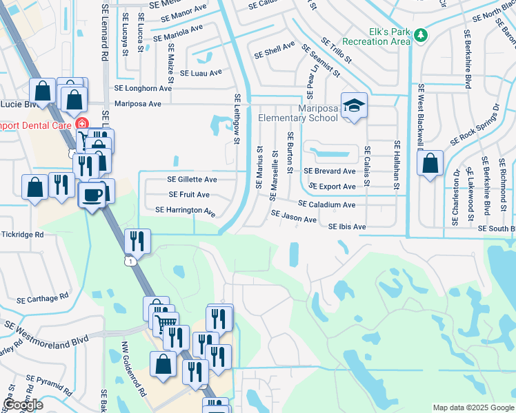 map of restaurants, bars, coffee shops, grocery stores, and more near 2521 Southeast Marius Street in Port St. Lucie